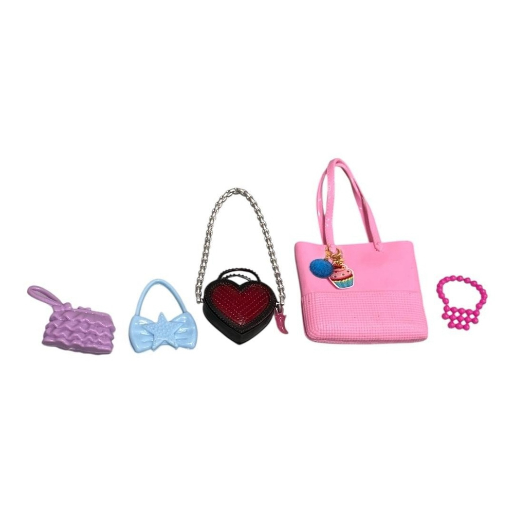 Fashion Barbie Doll Purse Bag Lot Pink Tote Heart Handbag Bow Clutch Bracelet